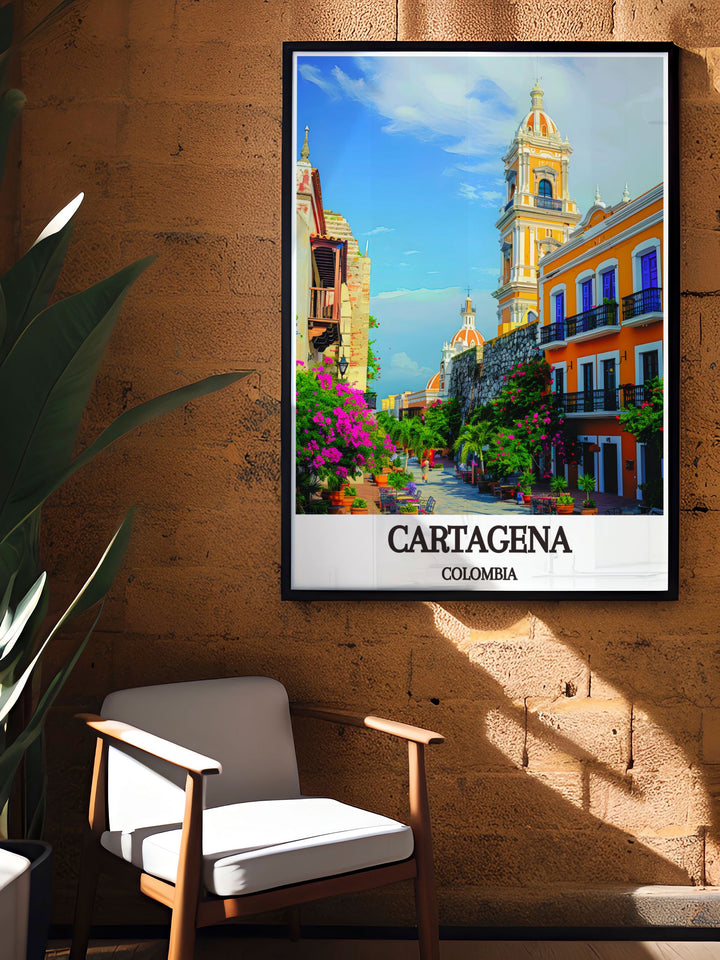 Experience the allure of Cartagenas old town with this detailed travel poster, featuring its historic streets and hidden courtyards. Perfect for those who cherish cultural heritage and scenic views, this artwork adds a touch of historic charm to any room.