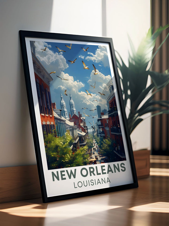 Stunning The French Quarter poster featuring the bustling streets and charming balconies of New Orleans making it a great addition to any Louisiana wall art collection and a wonderful gift for friends and family