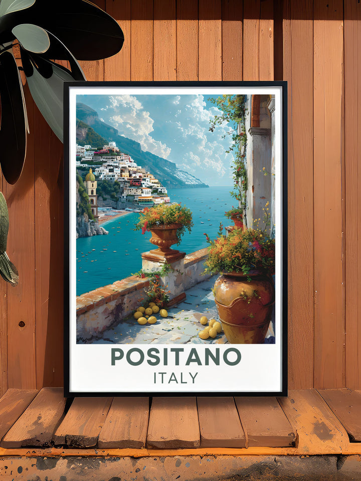 Via Positanesi d America Poster featuring Positanos iconic streets a beautiful piece of Italy wall art perfect for home decor adding a touch of Mediterranean charm to any room ideal for those who love the Amalfi Coast and want to bring a piece of it home