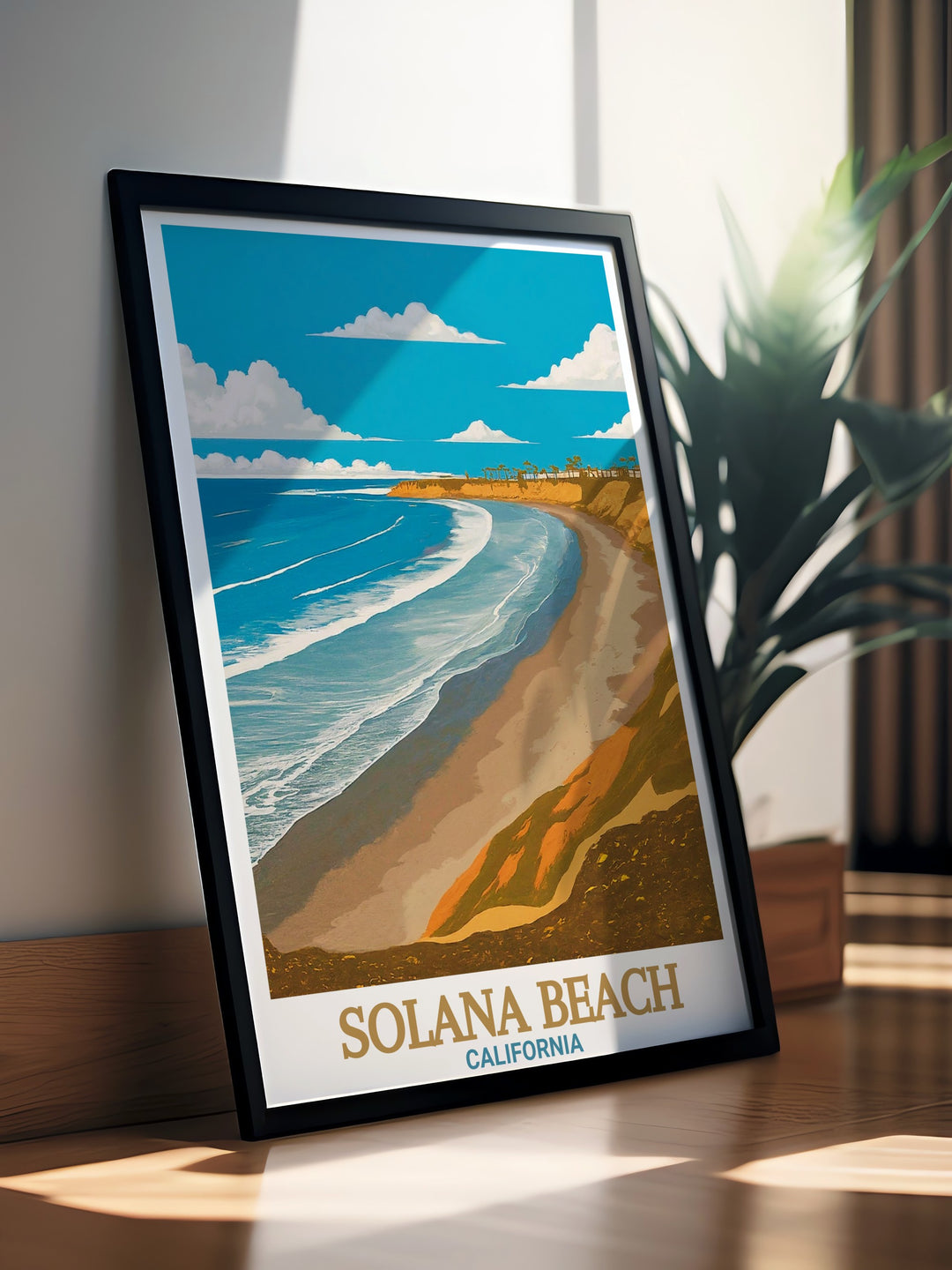 A detailed and colorful illustration of Solana Beach, California, including the iconic Fletcher Cove. Perfect for beach lovers and travelers, this travel poster adds a calming coastal feel to any space, making it a great addition to beach house decor or coastal themed home decor.