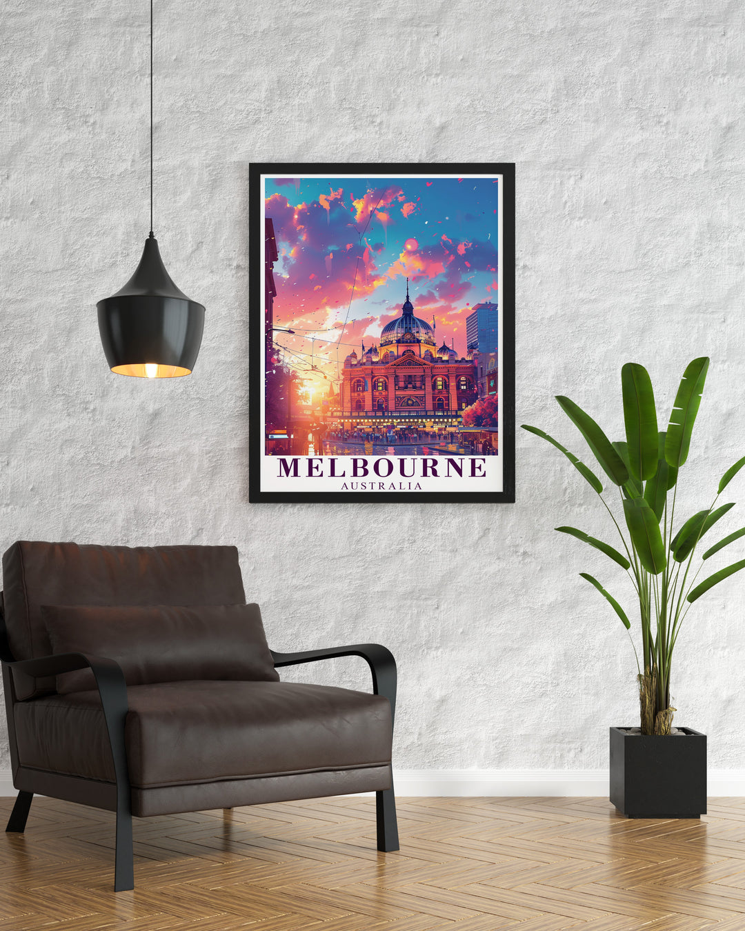 This Melbourne Travel Print captures the iconic Flinders Street Station in the heart of Melbourne, Australia. Ideal for travelers and art lovers alike, this framed artwork brings a touch of the citys culture and history into your home.