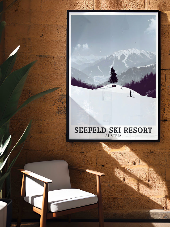 Stunning Seefeld Ski Print highlighting the famous Gschwandtkopf and Rosshutte slopes in Tyrol Austria. This Austrian Alps Region Seefeld art piece brings the beauty of skiing and snowboarding to life perfect for modern home decor and winter sports lovers.