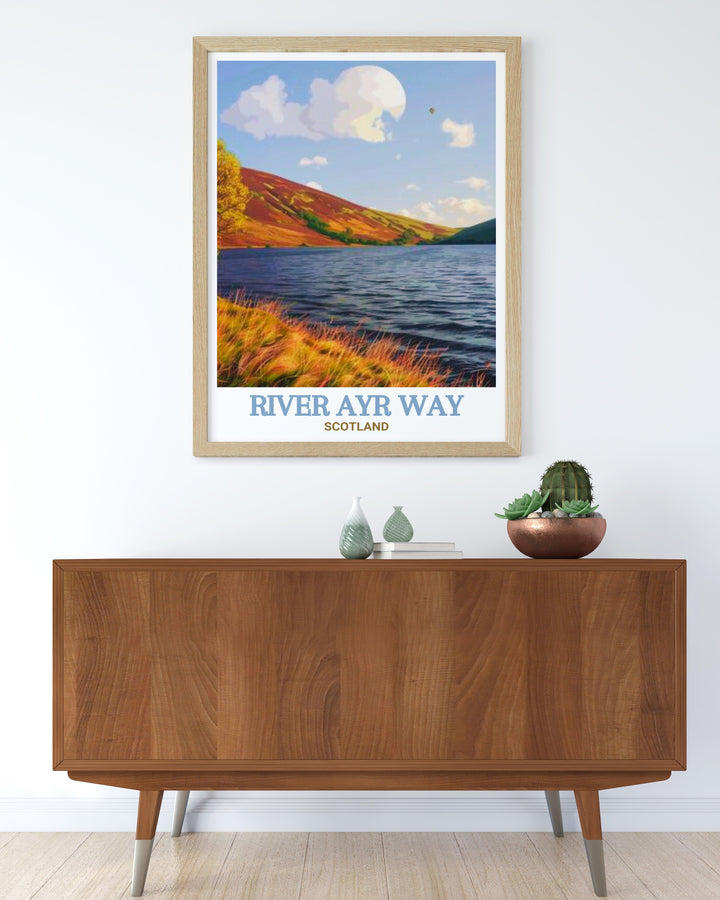 National Park travel poster showcasing the picturesque views of River Ayr Way and the serene essence of Glenbuck Loch. This print brings the charm of Scotlands natural beauty and historical heritage into your space, perfect for decorating living rooms, offices, or bedrooms. An ideal gift for outdoor lovers.