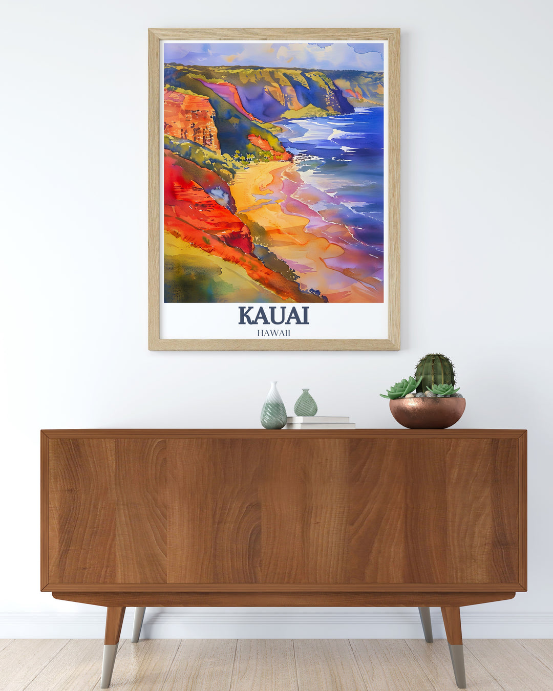 Waimea Canyon and Poipu Beach are beautifully captured in this Hawaii art print. The perfect addition to your home decor, this Kauai poster brings the vibrant landscapes of Hawaii to life, making it a great gift for travelers and nature lovers.