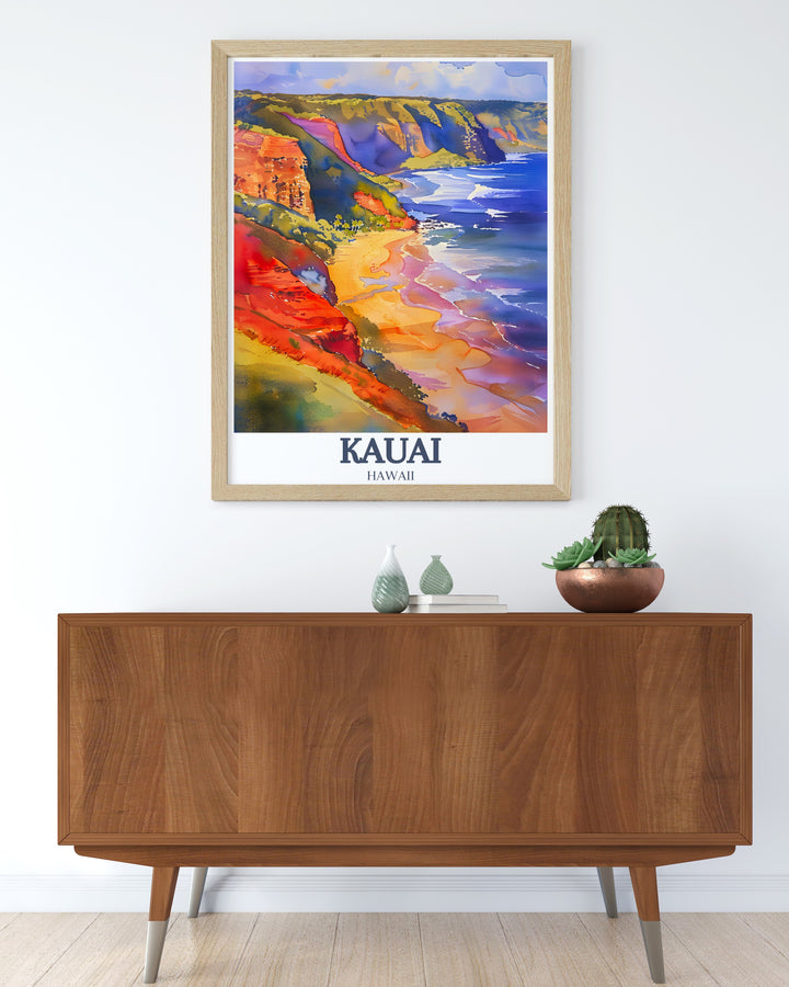 Waimea Canyon and Poipu Beach are beautifully captured in this Hawaii art print. The perfect addition to your home decor, this Kauai poster brings the vibrant landscapes of Hawaii to life, making it a great gift for travelers and nature lovers.