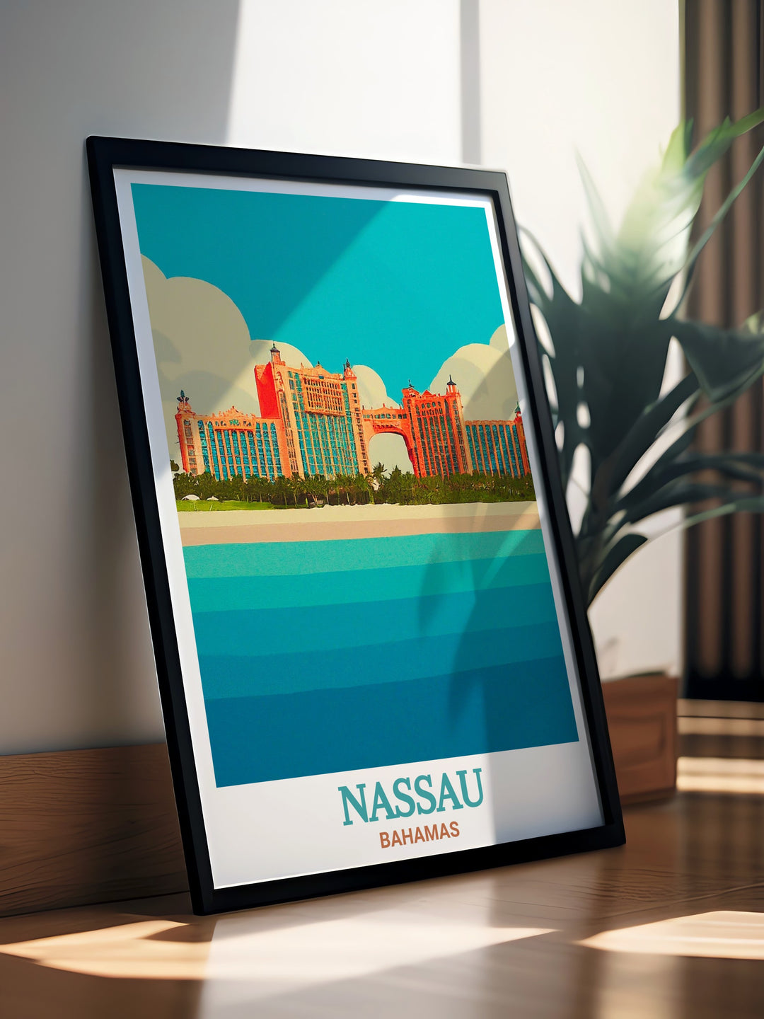 Nassau Poster Print featuring Atlantis Resort in the Bahamas, showcasing the iconic resort against the backdrop of the Caribbeans turquoise waters. This print captures Nassaus vibrant energy and serves as a perfect reminder of your Caribbean adventure, or as inspiration for future travels to the Bahamas.