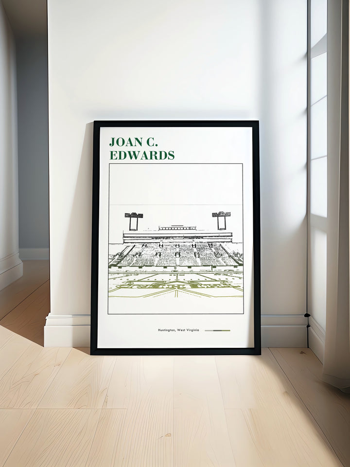 Joan C Edwards Stadium poster print features a vibrant depiction of the Marshall Thundering Herd in action making it the perfect addition to any football fans home or dorm. This Marshall football art brings the excitement of college sports to life.