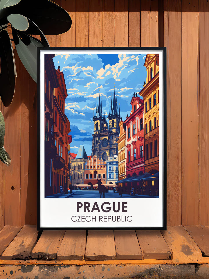 Elevate your living space with an Old Town Square Travel Poster. This Prague Poster showcases the vibrant ambiance and architectural beauty of one of the citys most iconic landmarks. Perfect for any Prague Wall Art collection.