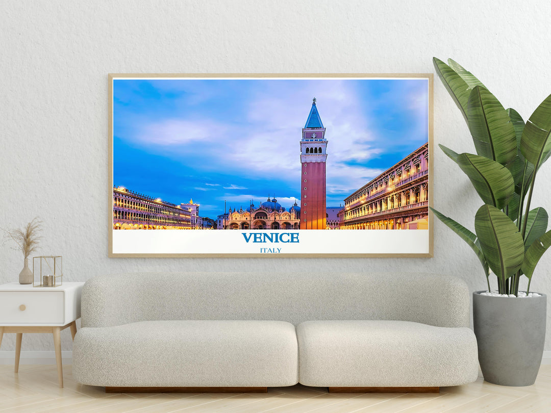 Venice Travel Poster showcasing vibrant California coastal vibes paired with stunning St Marks Square artwork perfect for adding a touch of elegance and sophistication to your home decor and creating a beautiful focal point in any room.