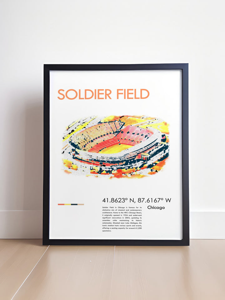 Stunning Soldier Field poster print highlighting the home of the Chicago Bears. This vintage NFL print is a great way to celebrate your favorite team. Perfect for man caves, living rooms, or as a special gift for football fans and sports lovers