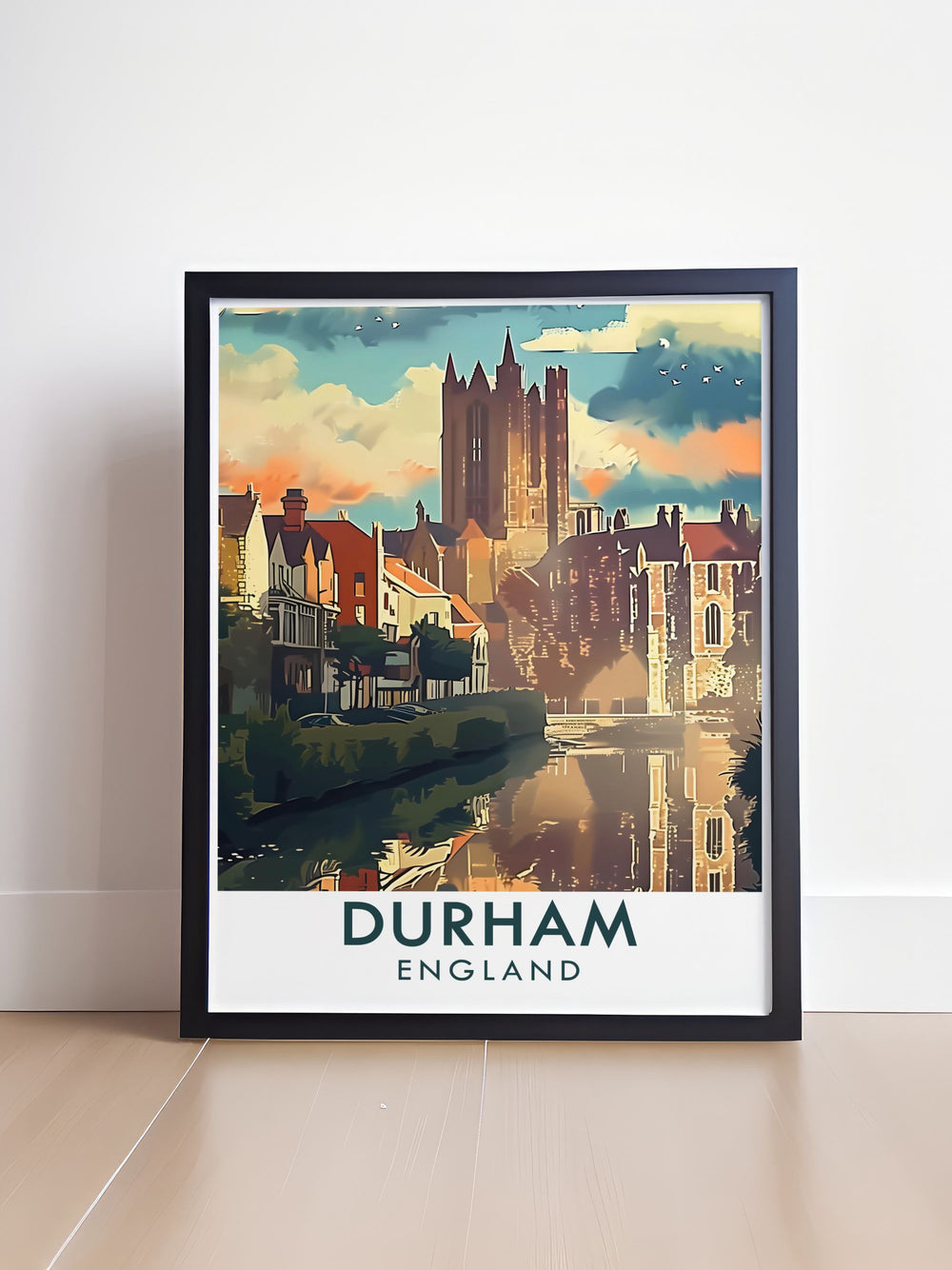 This Durham travel poster features the historic Durham Cathedral and its picturesque surroundings, making it an ideal piece for those who love exploring Englands architectural heritage.
