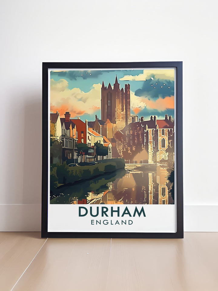 This Durham travel poster features the historic Durham Cathedral and its picturesque surroundings, making it an ideal piece for those who love exploring Englands architectural heritage.