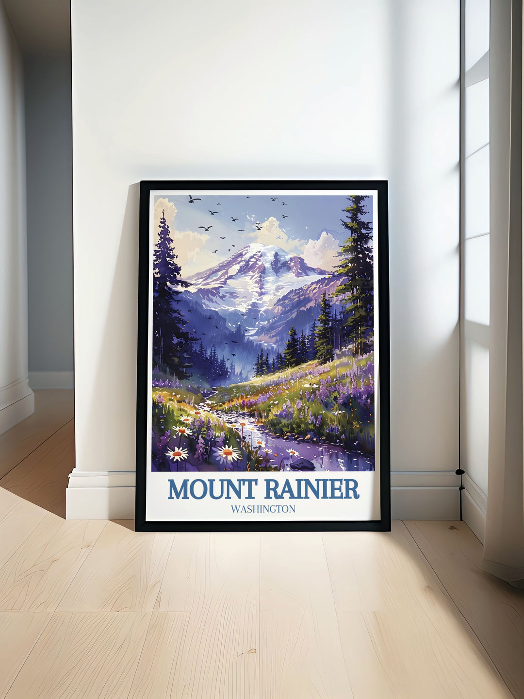 Travel Poster Print of Mount Rainier featuring vibrant colors of Paradise Sunrise and the Cascade Range perfect for elegant home decor and personalized gifts