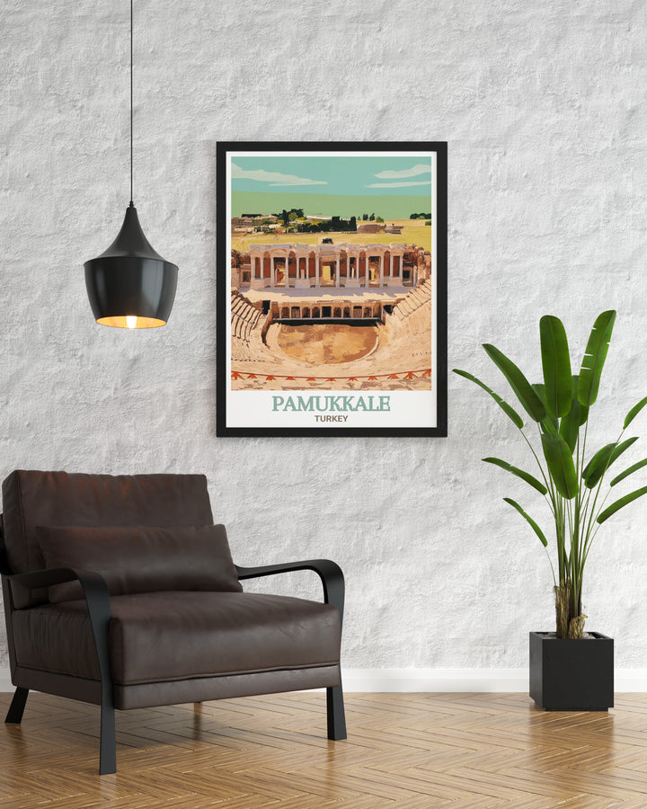 A stunning travel poster featuring the Hierapolis Theatre, capturing the theatres grand stage and sweeping views over the Turkish landscape. The print is perfect for anyone who loves the rich history and architectural beauty of ancient Turkey.