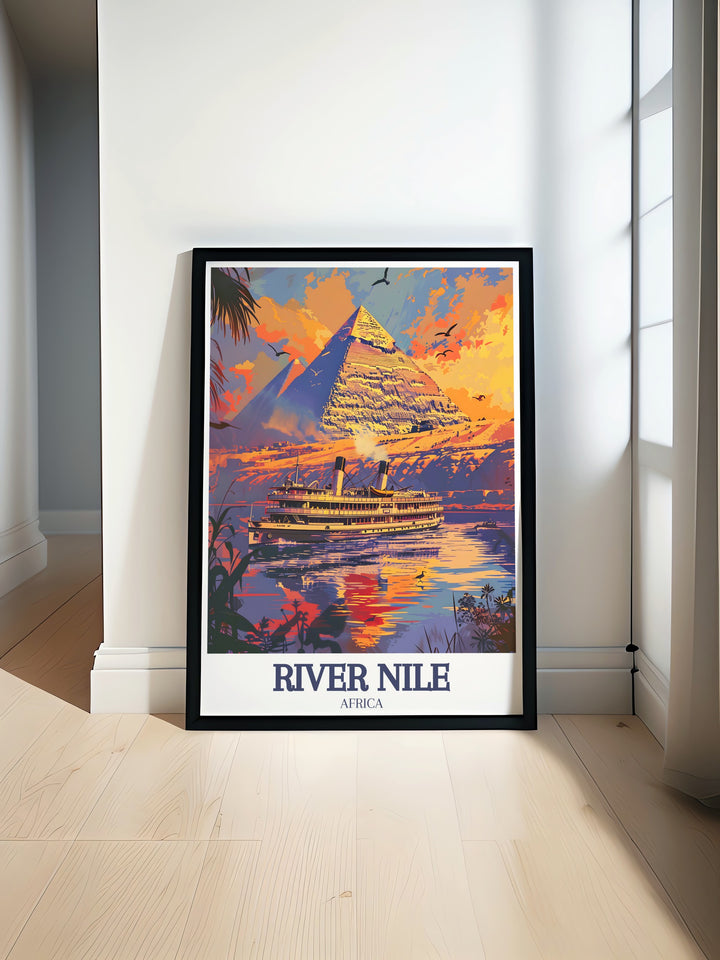 The tranquil beauty of the River Nile is brought to life in this Egypt Canvas Art, highlighting the rivers journey through the Egyptian landscape with the iconic Pyramids of Giza towering in the distance. Perfect for travel lovers and history enthusiasts alike.