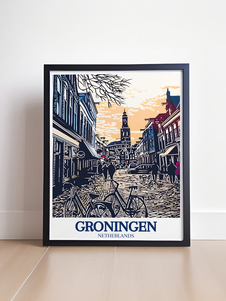 A stunning Groningen poster featuring the Martini Tower and the vibrant city below, bringing the rich cultural heritage of the Netherlands into your home. The detailed artwork is perfect for creating a focal point in any room, celebrating the charm of Dutch cities.