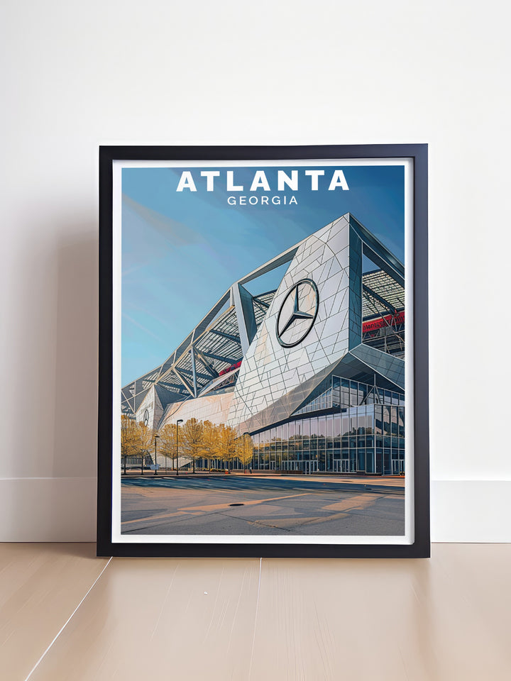 Atlanta poster showcasing Mercedes Benz Stadium is a perfect choice for fans of the city. This Atlanta artwork is suitable for birthdays, anniversaries, or as traveler gifts. Add this stunning print to your wall décor collection.