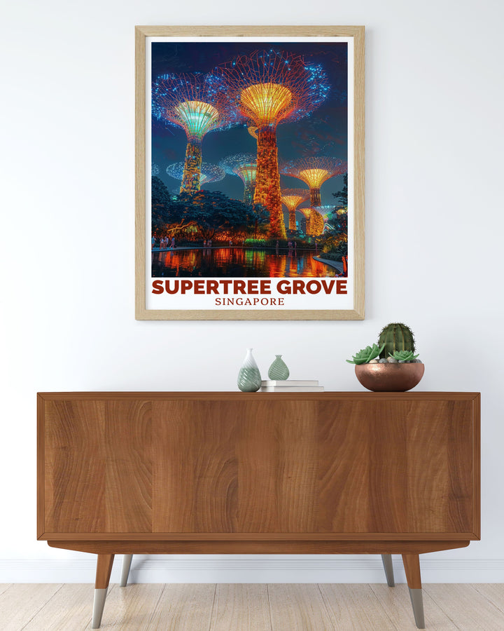 Stunning Supertree Grove artwork featuring a glowing nighttime scene in Singapore. Ideal for lovers of modern decor this vibrant art print adds a bold statement to any room and makes a thoughtful gift for any occasion.