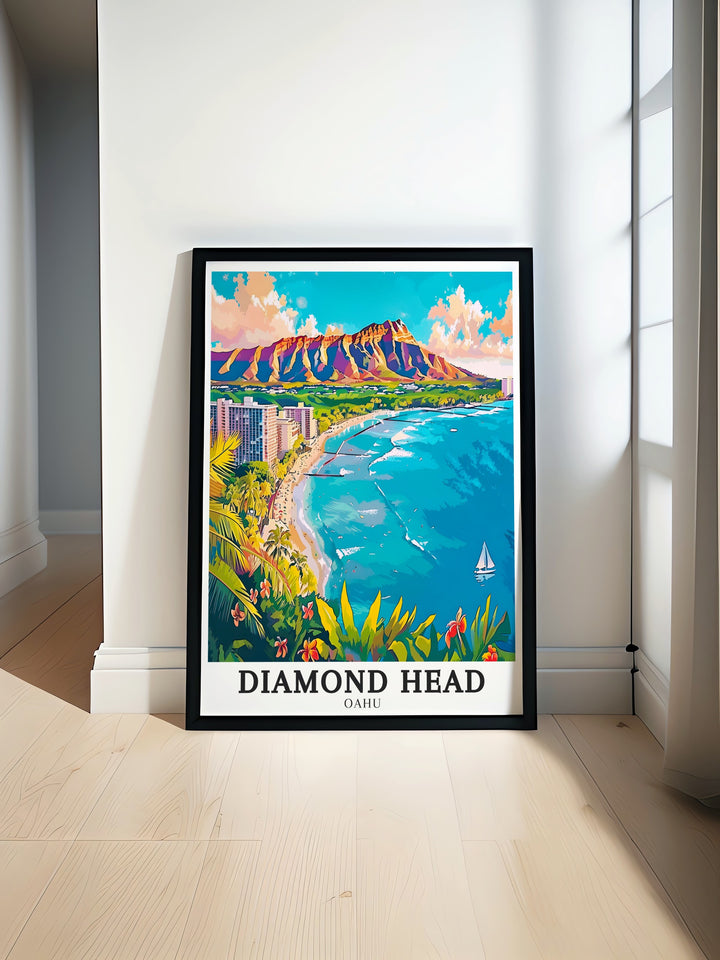 This canvas art showcases Diamond Heads towering volcanic slopes over the golden sands of Waikiki Beach. Whether youre looking to enhance your home decor with a tropical touch or seeking a special gift for someone who loves Hawaii, this print brings the essence of the islands into any space with its vibrant colors and dynamic scenery.