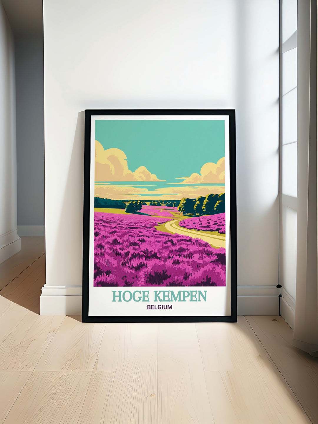 Discover Belgiums natural beauty with this travel poster, featuring the serene heather landscapes of Mechelse Heide and the diverse ecosystems of Hoge Kempen, perfect for nature lovers.