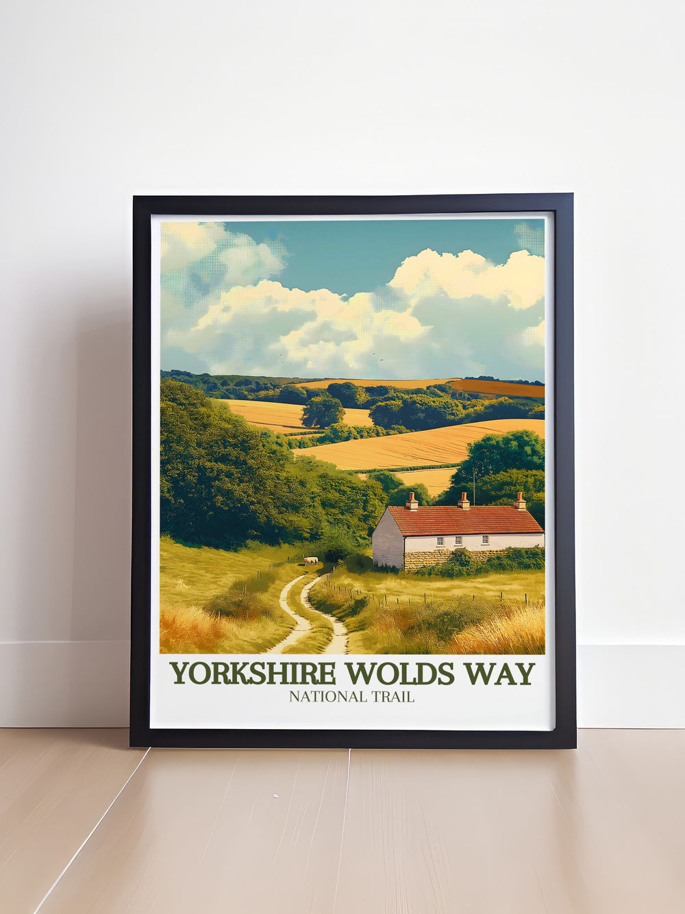 Celebrate the natural beauty of the Yorkshire Wolds Way with this vintage poster. The artwork features the trails diverse landscapes, from chalky hills to lush green valleys, evoking the timeless appeal of one of the UKs most scenic trails, ideal for any nature lovers art collection.