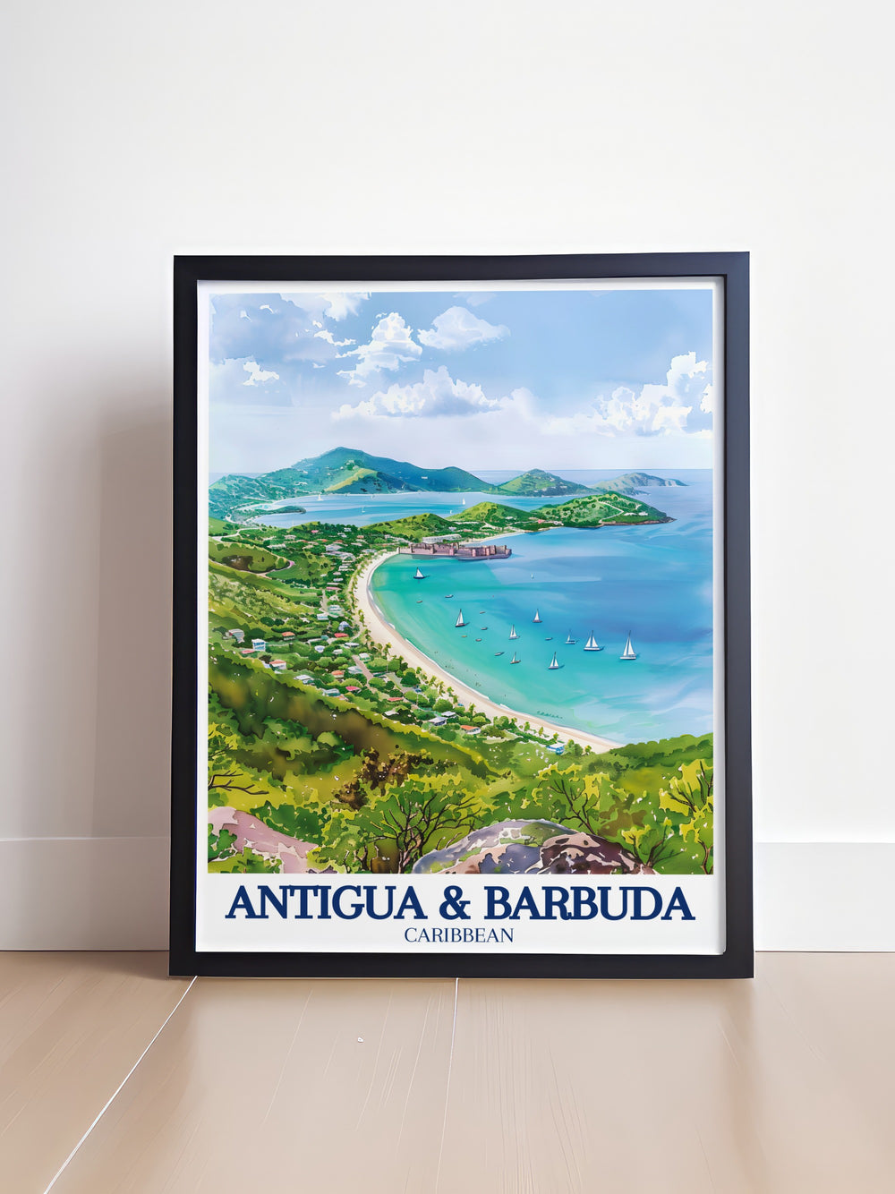 Fort James Beach Travel Poster showcasing the peaceful and idyllic scenery of this famous Antiguan beach. The detailed print is ideal for beach lovers and those who appreciate the natural beauty and tranquility of the Caribbean coastline