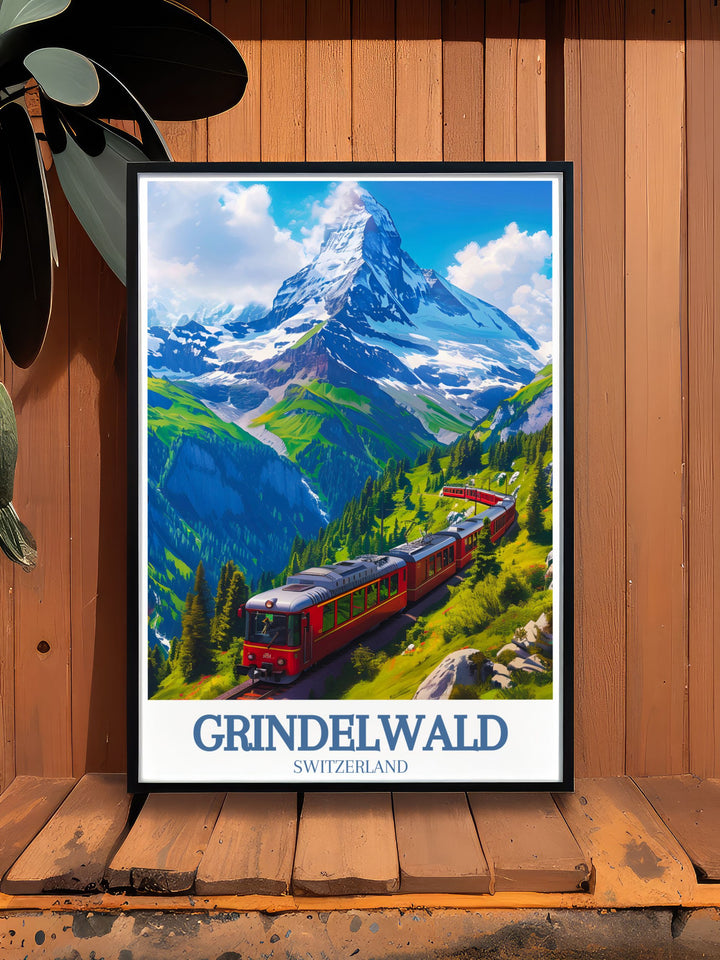 A vibrant illustration of Eiger mountain Grindelwald First highlighting the scenic beauty of the Swiss Alps. Ideal for any room this Grindelwald First wall art brings the majestic mountain views into your home.