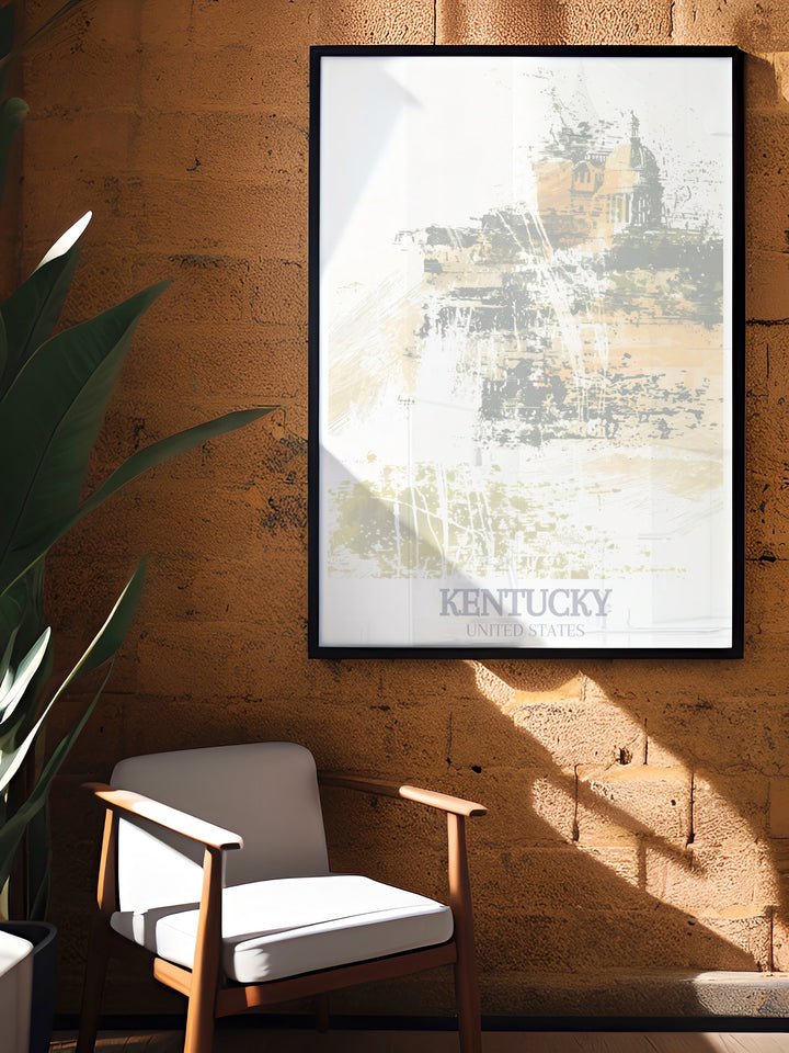 Bring Kentuckys finest landmarks into your home with this travel poster featuring Cumberland Falls and the Capitol Rotunda. Perfect for Kentucky enthusiasts and those who love a touch of history and nature.