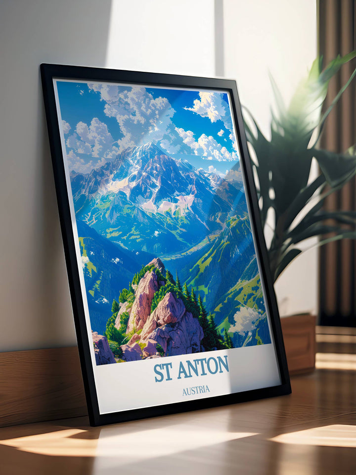 The Valluga Mountain Stunning Prints and St Anton Ski Print capture the serene beauty of the Austrian Alps. These prints are perfect for anyone who appreciates the combination of vintage ski art and modern design in their home decor.