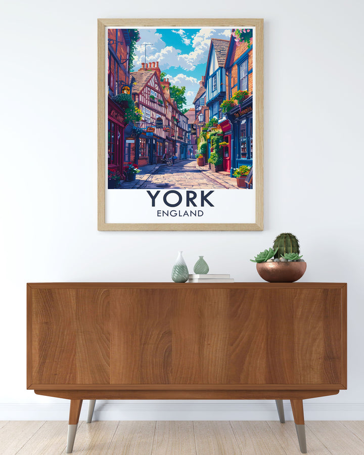 A stunning wall print featuring the iconic Shambles, capturing the historic beauty and cultural significance of York. This artwork beautifully highlights the character of one of Englands most beloved streets.