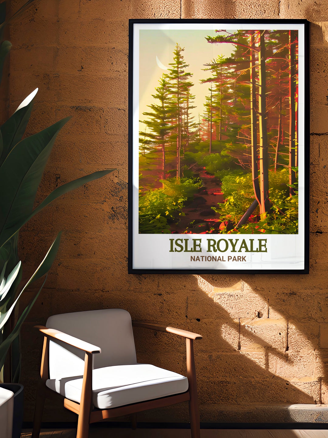 Stunning living room decor with Greenstone Ridge Trail prints depicting the rugged charm of Isle Royale National Park a must have for national park decor and nature lovers.