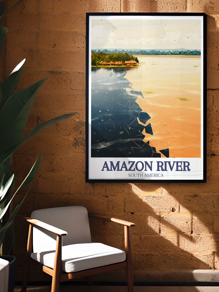 Celebrate the natural wonder of Brazil with the Encontro das Aguas, Rio Negro and Solimoes rivers poster. The intricate details and vivid colors of this print highlight the dynamic merging of the rivers, making it a must have for travel and nature enthusiasts.