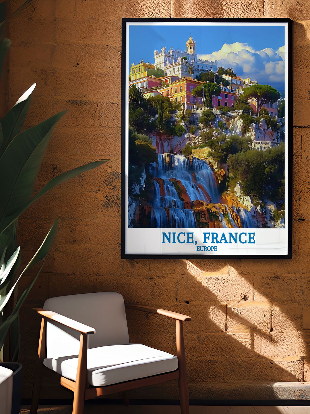 Celebrate the allure of the French Riviera with this travel poster of Colline du Château, showcasing the vibrant cityscape of Nice and the serene waters of the Mediterranean from atop the historic hill.