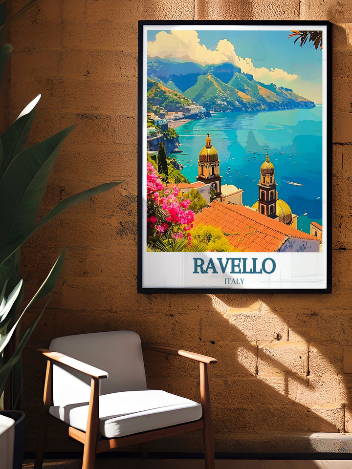 Villa Rufolo Amalfi coast photography showcasing its historic architecture and vibrant gardens. This Italian travel art print is a perfect addition to your home decor, providing a beautiful and elegant touch to any room