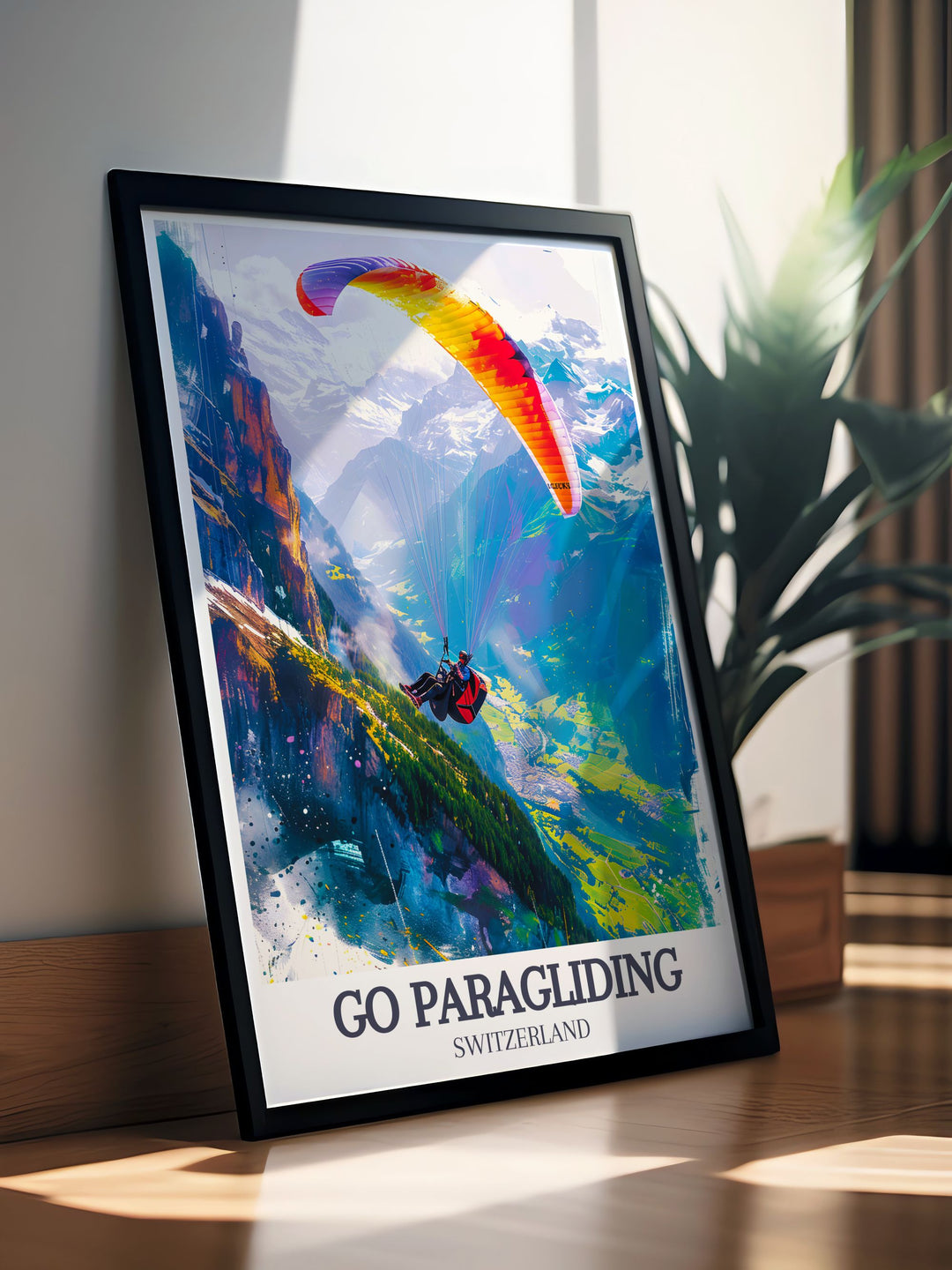Framed art print of paragliding over Interlaken, with detailed illustrations of the Swiss Alps peaks and valleys. Ideal for adding a touch of adventure to any room.