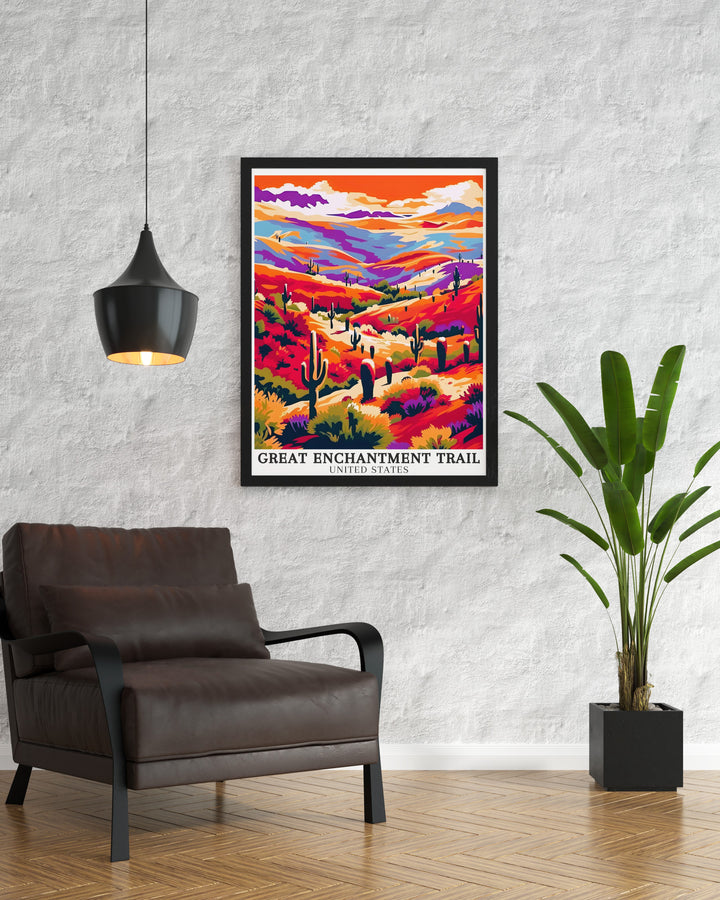 Grand Enchantment Trail travel posters. Featuring stunning views of the Grand Enchantment Trail, Saguaro National Park, and Arizona, these travel posters bring the beauty of Arizonas hiking trails into your home. Perfect for nature enthusiasts and art lovers.