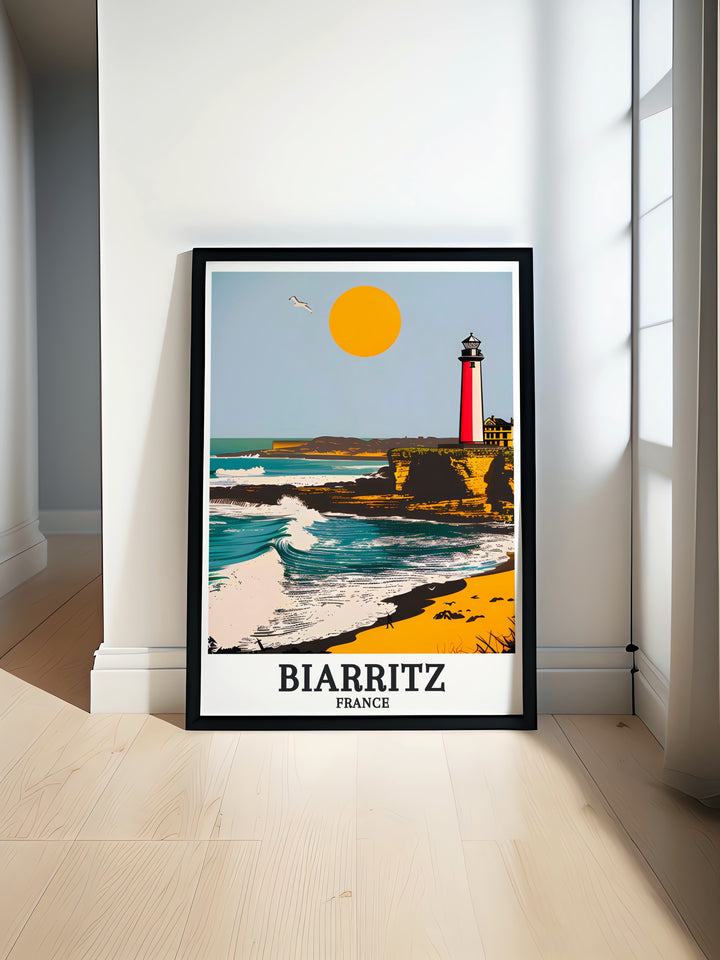 Biarritz Wall Art featuring the beautiful Plage de la Cote des Basques and the iconic Phare de Biarritz a perfect addition to any home looking to bring the charm of the French coast into its decor ideal for travel lovers and those who appreciate elegant design