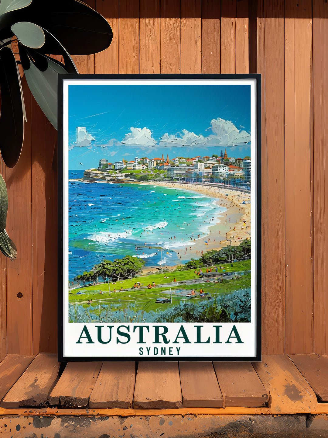 The excitement of Bondi Beach is depicted in this vibrant travel poster, featuring its world famous surf and lively coastal walk. A must have for any beach lovers home decor.