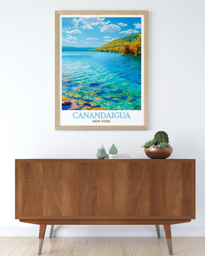 Travel art print of Canandaigua Lake showcasing its stunning views and peaceful atmosphere. Perfect for creating a calming vibe in your living space.