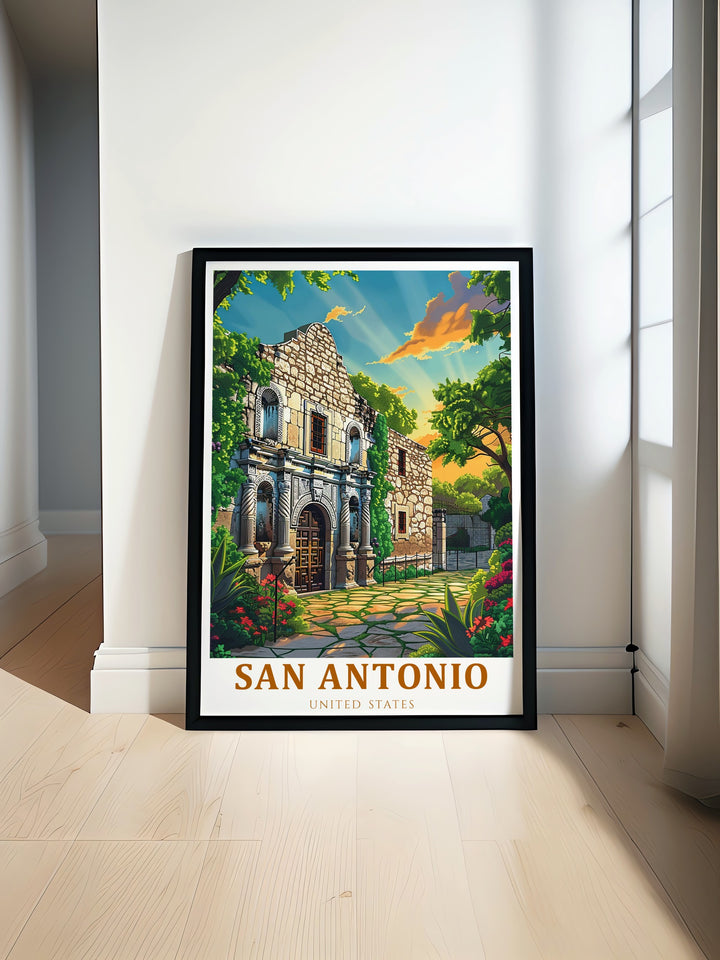 Our San Antonio wall art beautifully showcases the Alamo, one of the United States most iconic landmarks. This travel print is ideal for history enthusiasts and makes a timeless addition to any living room or office.