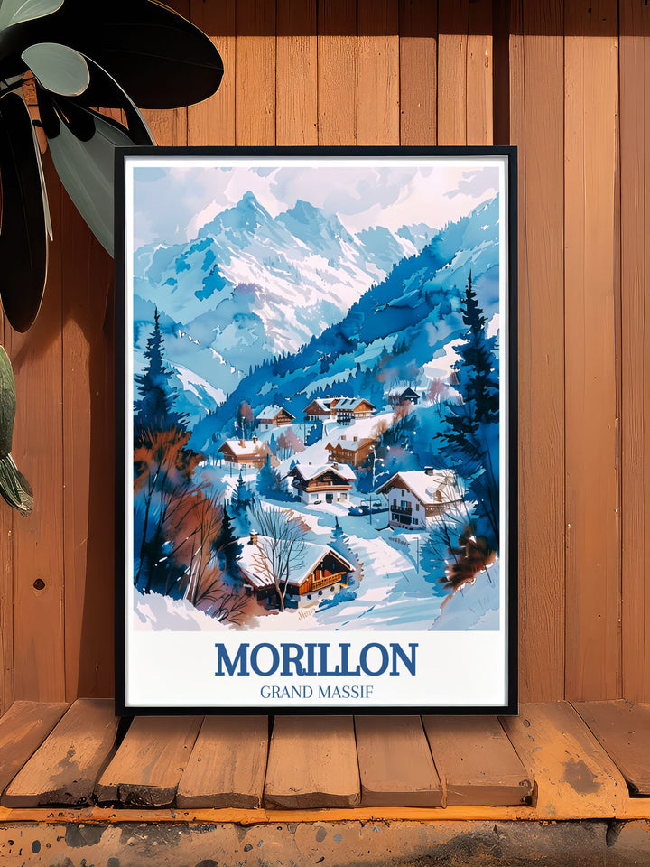 Vintage ski print of the French Alps Grand Massif Morillon Village capturing the picturesque scenery of the ski resort ideal for adding a touch of retro charm to any living space