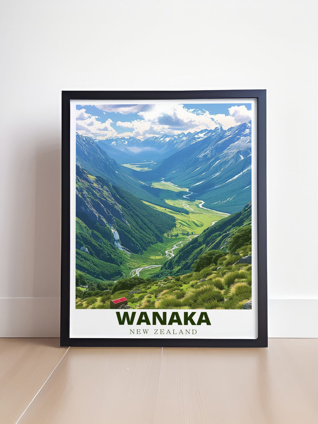 Celebrate the breathtaking landscapes of New Zealand with this Wanaka poster print capturing the charm of Matukituki Valley The modern artwork is perfect for enhancing any room and makes a meaningful gift for anyone who loves nature and travel