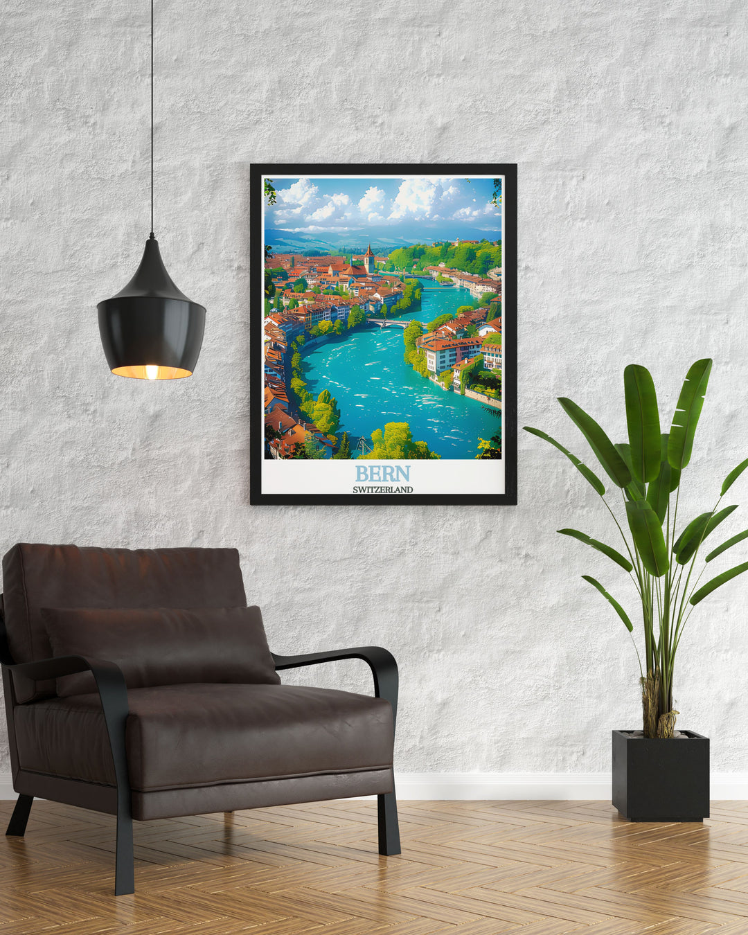 Featuring the lush greenery and historic bridges along the Aare River, this travel poster captures the natural beauty of Bern, ideal for those who appreciate scenic landscapes.
