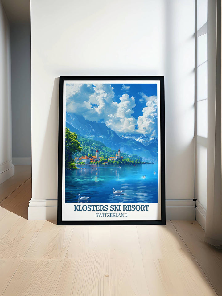 Experience the serene beauty of Lake Geneva with our vintage travel poster. Perfect for any home decor this Lake Geneva print captures the essence of Swiss tranquility and elegance. Ideal for those who appreciate scenic landscapes and classic artwork