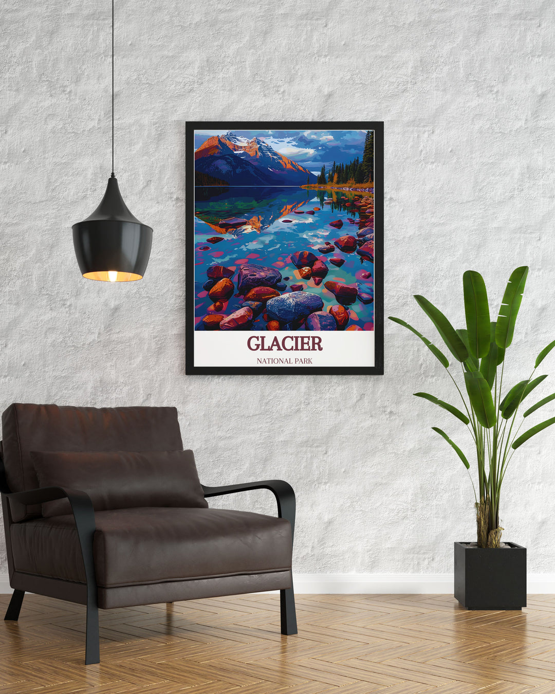 Showcasing the picturesque views of Lake McDonald, this poster is perfect for anyone who loves serene lakes and natural landscapes. The detailed illustrations highlight the lakes clear waters and scenic surroundings, bringing a piece of Glacier National Parks tranquility into your home.