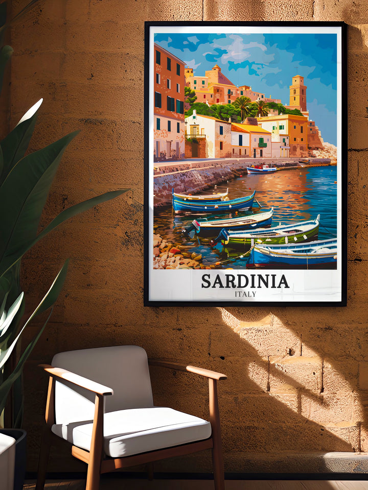 Sardinia poster art of Alghero Waterfront Promenade with vibrant Mediterranean Island scenery. This Sardinia decor piece celebrates the Italian heritage and beauty of Sardinian beaches, making it a perfect addition to your wall art collection at home.