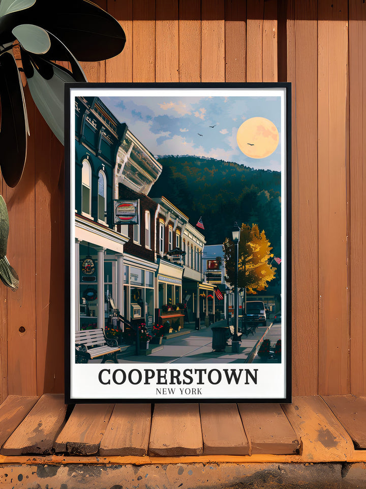 This vintage poster of downtown Cooperstown highlights the towns blend of history and culture, with a focus on its charming streets. Perfect for anyone who appreciates New Yorks small towns and historic places.