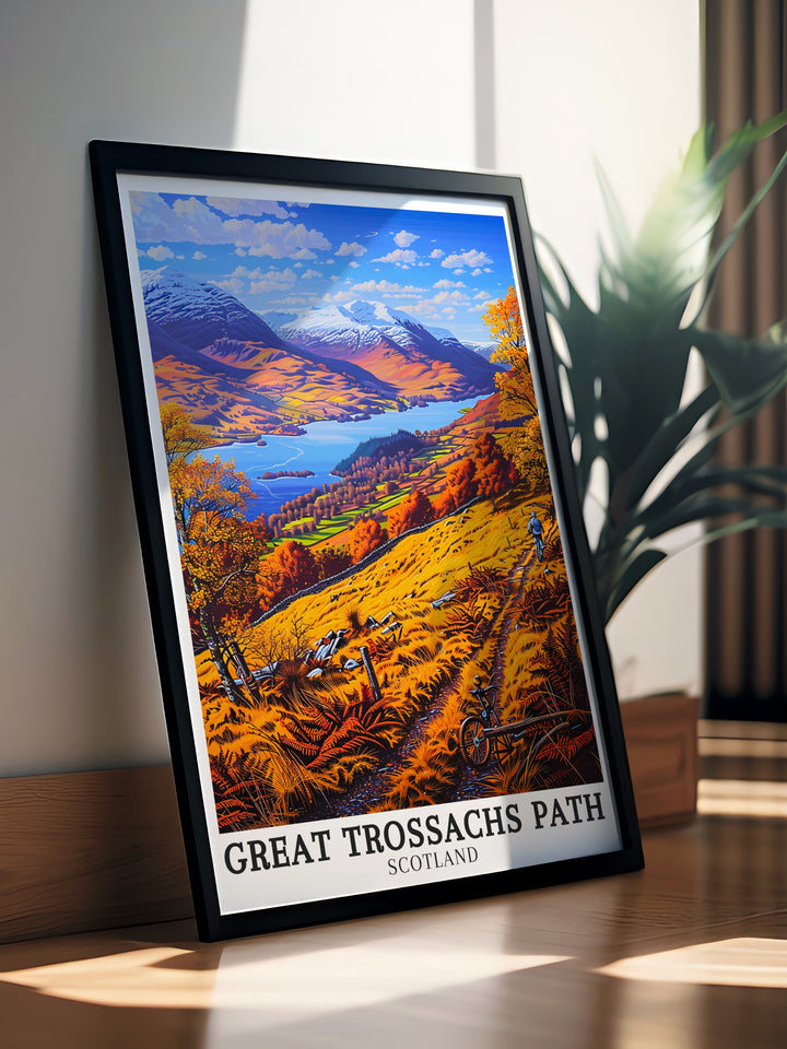 Great Trossachs Path travel posters. Featuring stunning views of the Great Trossachs Path, Loch Katrine, and Trossachs National Park, these travel posters bring the beauty of Scotlands hiking trails into your home. Perfect for nature enthusiasts and art lovers.