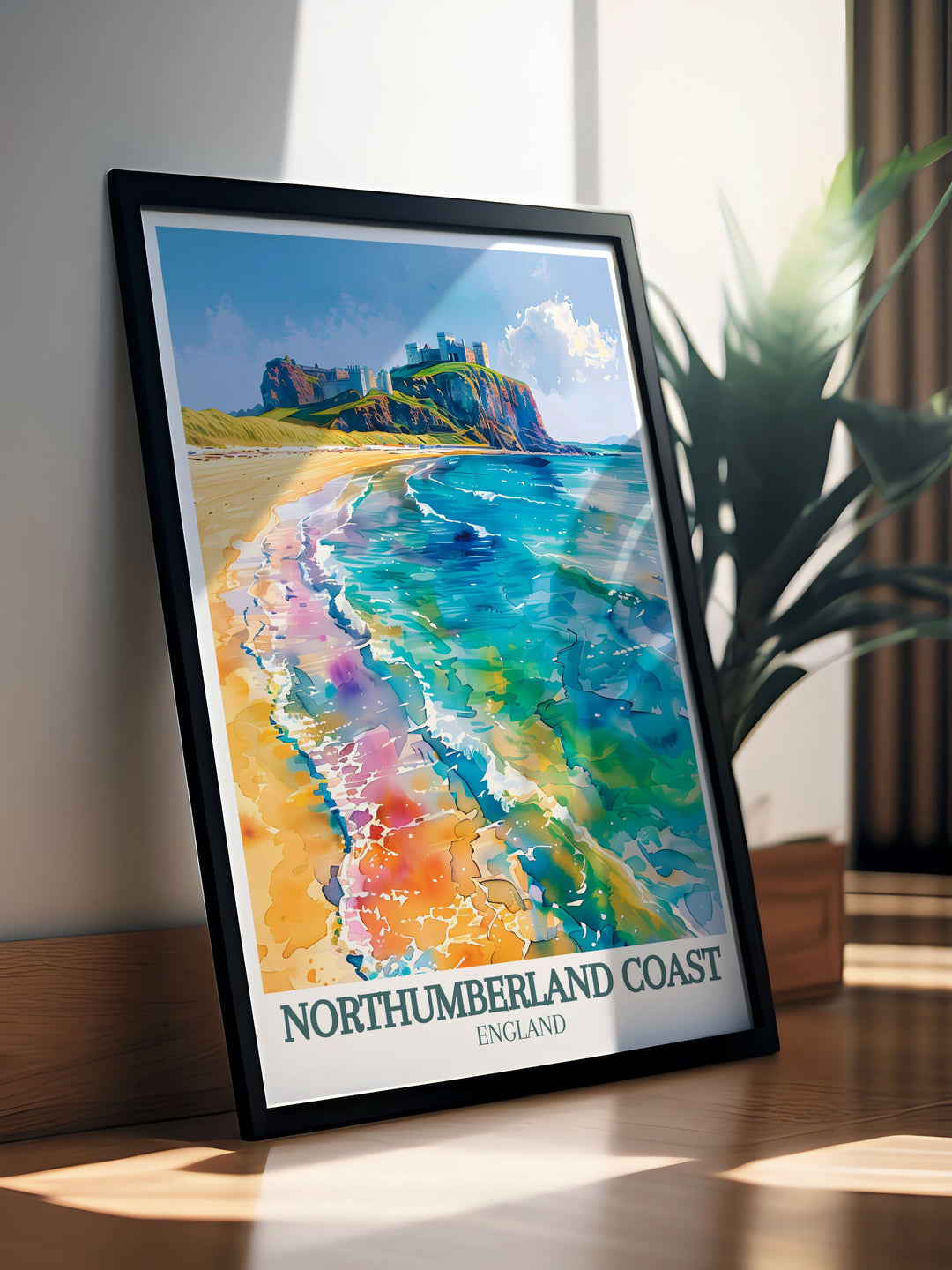 Vintage Travel Print showcasing the majestic Bamburgh Castle and Dunstanburgh Castle on the scenic Northumberland Coast ideal for adding a touch of history and charm to any room with vibrant colors and intricate details