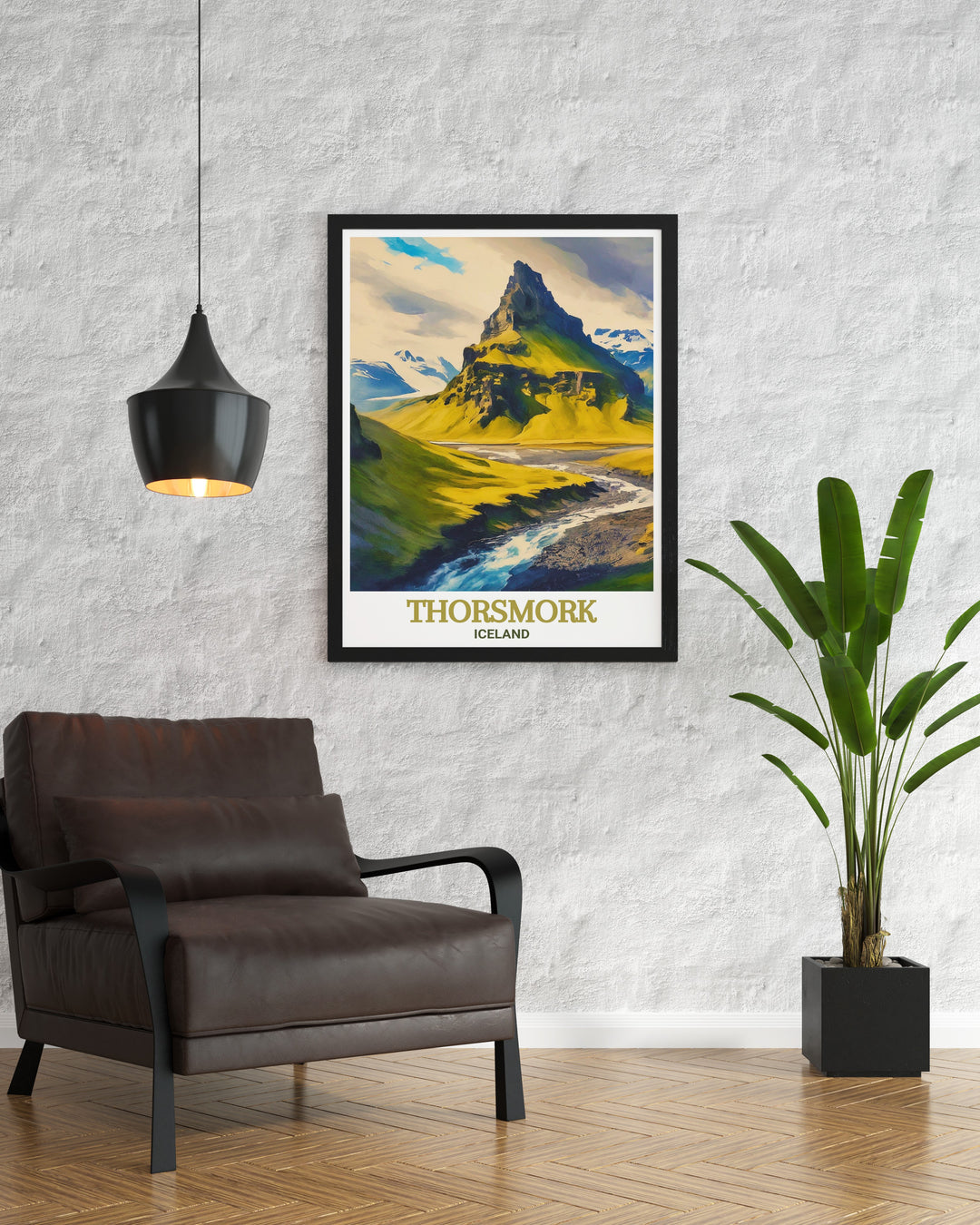 Thorsmork and Valahnúkur Mountain depicted in a vibrant and detailed print, ideal for adding a touch of Icelands wilderness to any space.